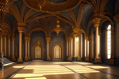 A Realistic Fantasy Interior Of The Royal Palace. Golden Palace. Castle Interior. Fiction Backdrop. Concept Art. Generative AI © Pixel Matrix