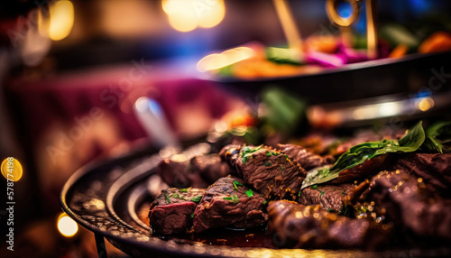  a close up of a plate of food on a table.  generative ai