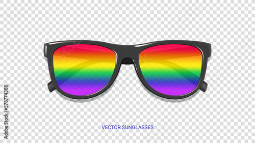 Sunglasses with rainbow glass. Black sunglasses with rainbow glass isolated on checkered background. Vector illustration with decorative element for Pride Month design.