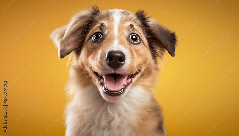  a close up of a dog's face with a yellow background.  generative ai