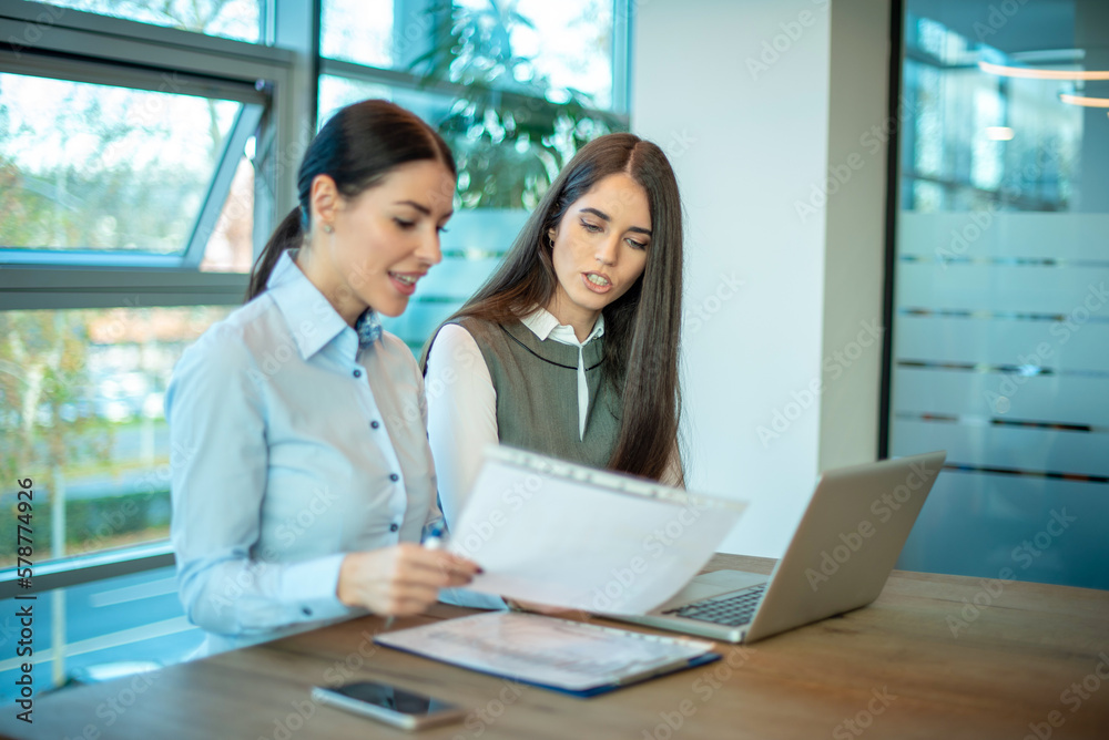 Portrait of two business women discussing document while meeting at table in modern office