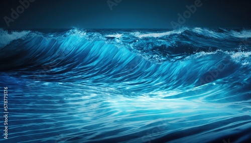 a large blue wave in the ocean with a dark background. generative ai