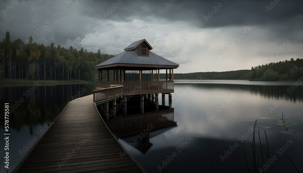  a dock with a gazebo on a lake under a cloudy sky.  generative ai