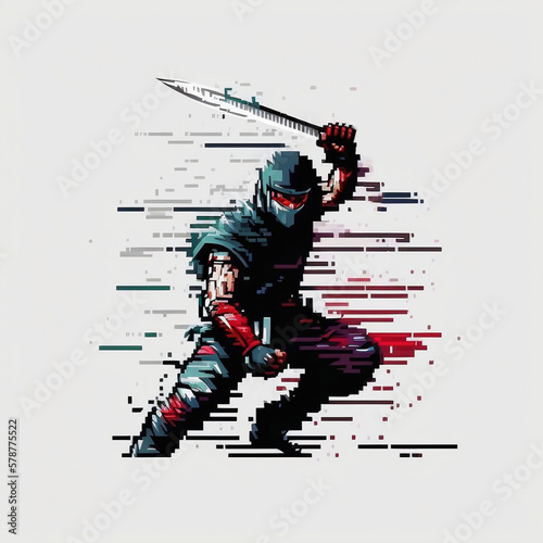 ninja in pixel style on a gray background