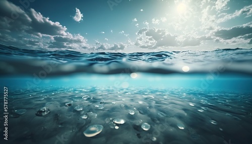  a blue ocean with water bubbles under a cloudy sky with sunbeams.  generative ai © Jevjenijs