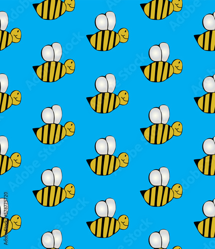 seamless pattern of illustrated honeybees on a bright blue background