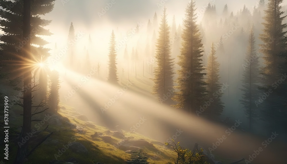  the sun is shining through the trees in the foggy forest.  generative ai