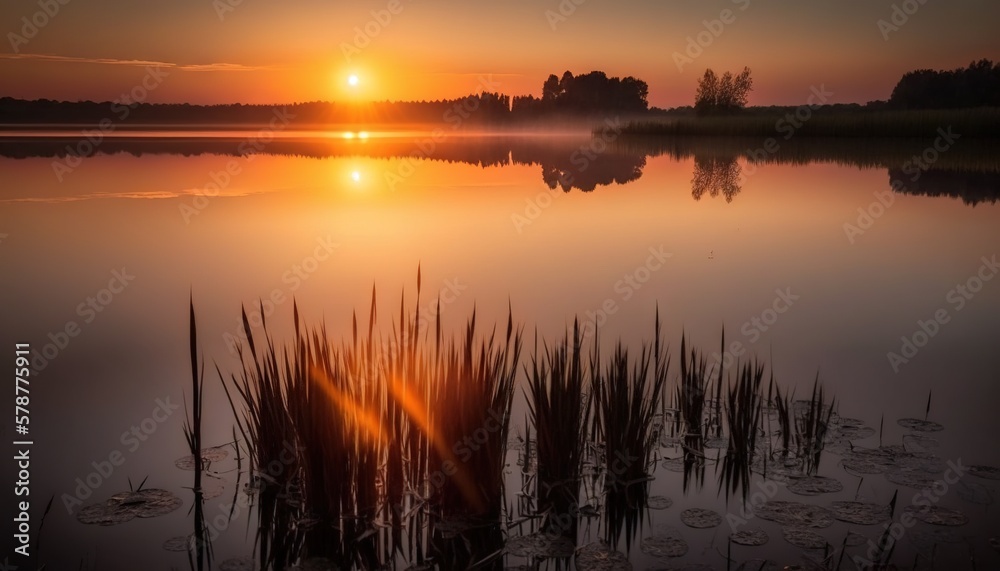  the sun is setting over a lake with reeds in the foreground.  generative ai