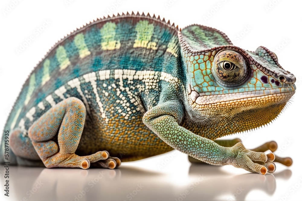 Furcifer pardalis, the Nosy Be tail Panther Chameleon, in close up against a white background. Generative AI Furcifer pardalis, the Nosy Be tail Panther Chameleon, in close up against a white background. Generative AI