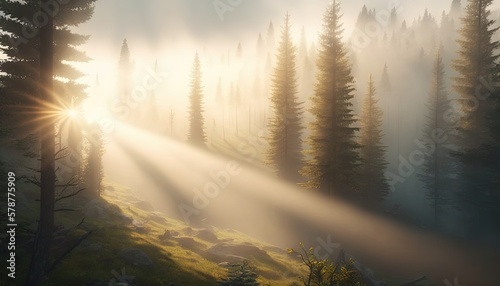  the sun is shining through the trees in the foggy forest. generative ai