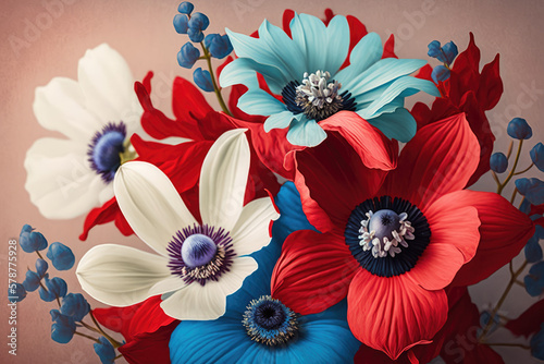 flatlay red white and blue patriotic flower bouquet made by generative ai
