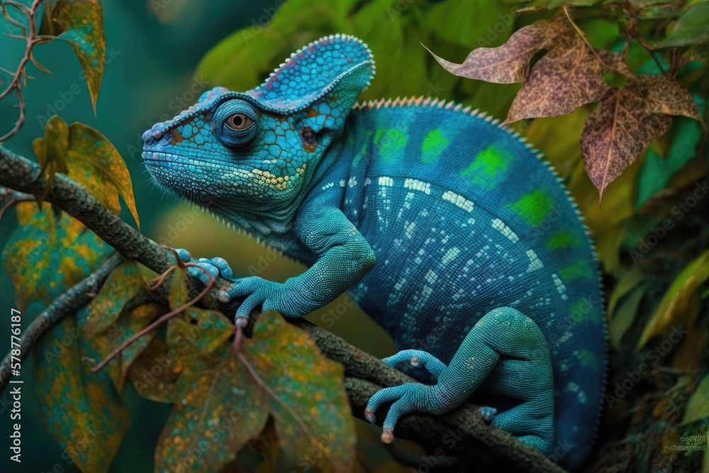 Obraz premium Adult chameleon with a blue coloration. Wild chameleon with a wide range of colors. A chameleon perched high in the tree, keeping an eye on everything. Generative AI