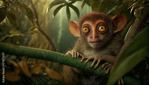  a small monkey sitting on top of a tree branch in a jungle. generative ai