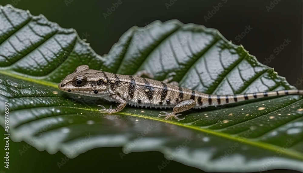 a striped gecko sitting on a green leaf in the rain. generative ai a striped gecko sitting on a green leaf in the rain. generative ai