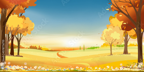 Autumn rural landscape farm fields and forest trees with orange sky sunset,Vector cartoon banner backdrop farm field harvest,Scenery of natural countryside with sunrise for fall season background