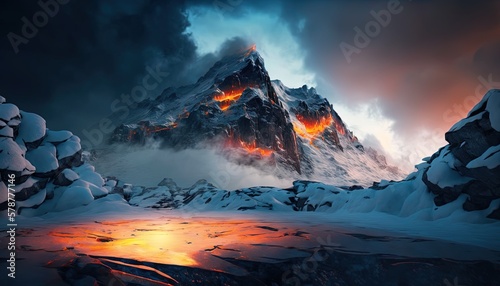  a snow covered mountain with a fire coming out of it. generative ai