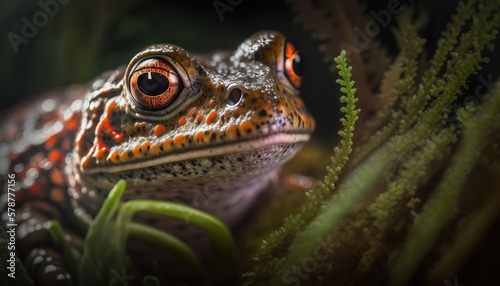  a close up of a frog with a plant in the background. generative ai