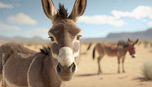  a donkey looks at the camera while another donkey stands in the background. generative ai