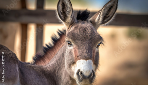  a donkey standing in front of a wooden fence and looking at the camera. generative ai