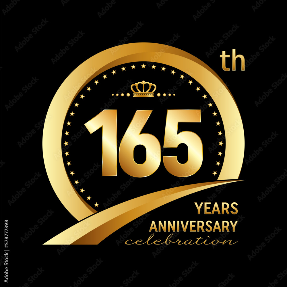 165th Anniversary logo design with golden ring for anniversary celebration event, invitation, wedding, greeting card, banner, poster, flyer, brochure. Logo Vector Template 165th Anniversary logo design with golden ring for anniversary celebration event, invitation, wedding, greeting card, banner, poster, flyer, brochure. Logo Vector Template