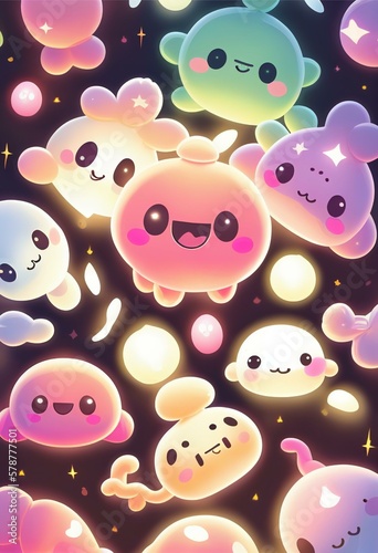 3D Glowing Cute Creatures Space Pets Abstract Background