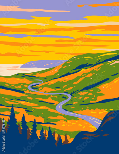 Obraz na płótnie WPA poster art of Cape Breton Highlands National Park during autumn or fall located on northern Cape Breton Island in Nova Scotia, Canada done in works project administration