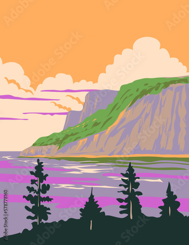WPA poster art of Cap Bon-Ami in Forillon National Park at the outer tip of the Gaspe Peninsula in Quebec, Canada done in works project administration.