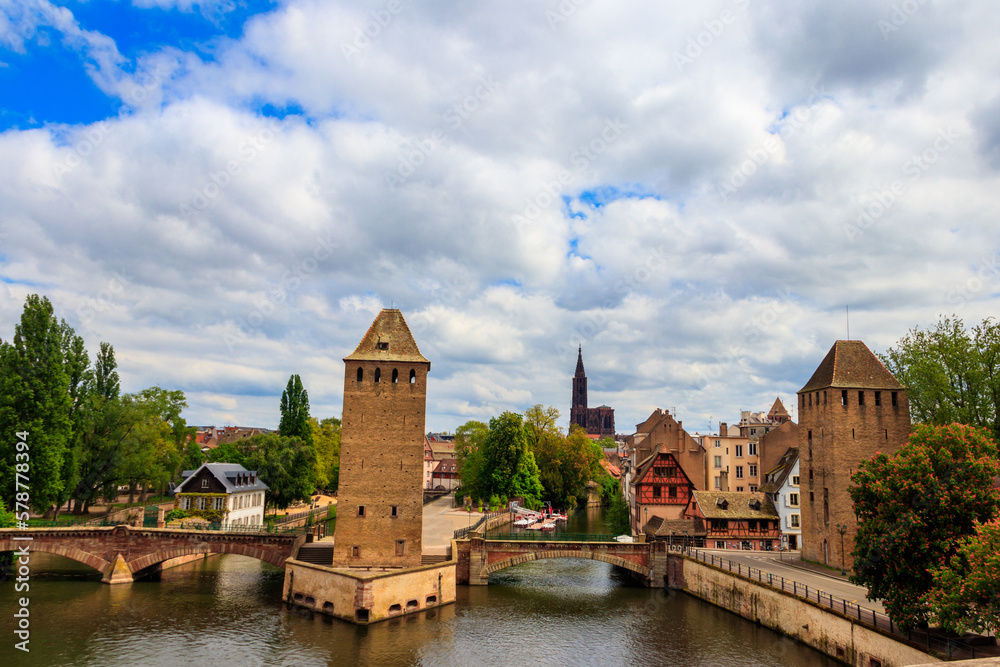 View on medieval bridge Ponts Couverts over the  River Ill in Strasbourg, Alsace, France