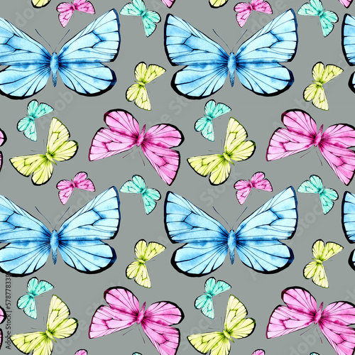 Pattern with light butterflies. Watercolor illustration, drawing for fabric.
