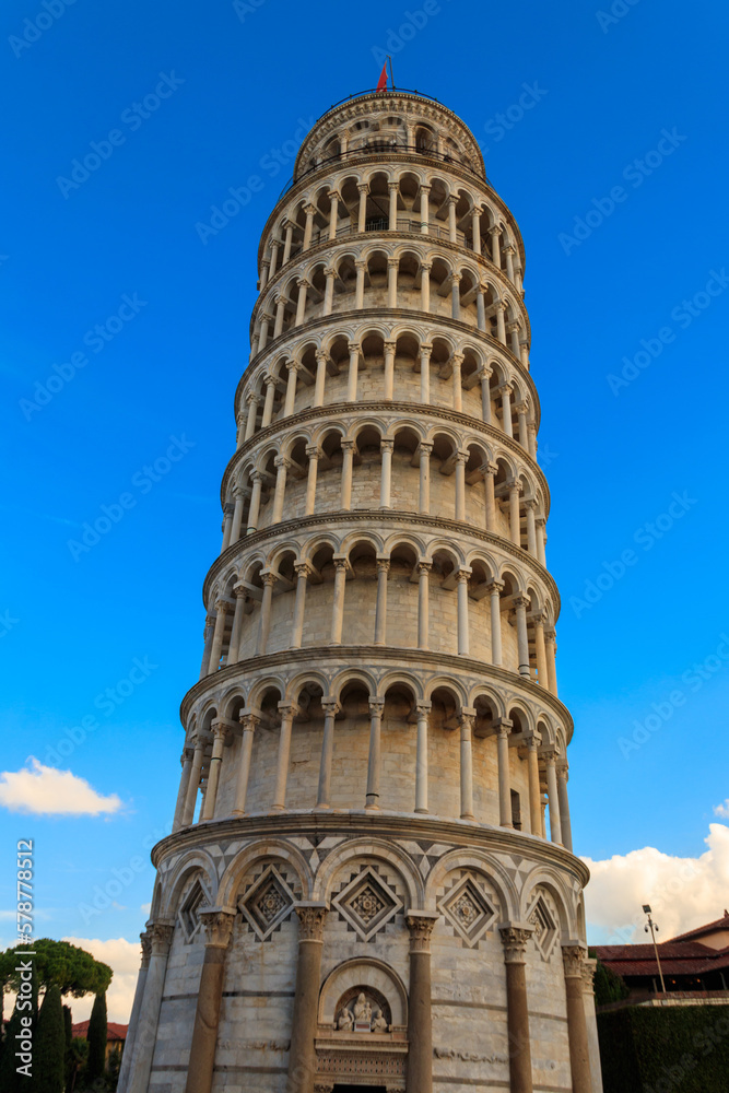 Leaning tower of Pisa at the Piazza dei Miracoli or the Square of Miracles in Pisa, Italy