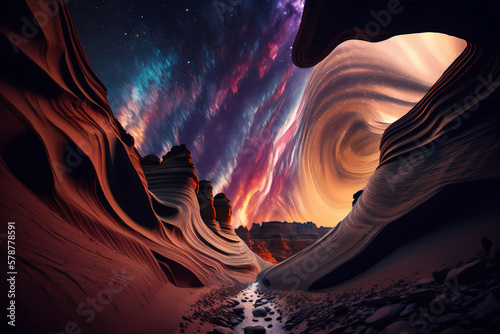 Night Canyon Waves Antelope Arizona USA, sky with Milky Way. Generation AI