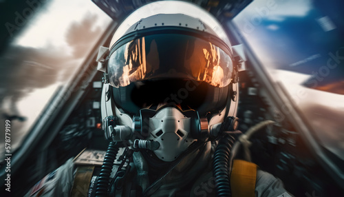 Fighter pilot cockpit view, sun light. Generation AI © Adin