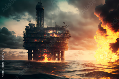Accident on offshore petroleum platform, Gas explosion on oil rig at sea water, sunset light. Generation AI