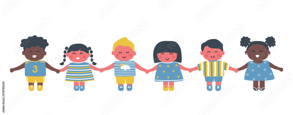 children holding hands. Diverse group of baby girls and baby boys. Cute cartoon characters. Vector illustration children holding hands. Diverse group of baby girls and baby boys. Cute cartoon characters. Vector illustration