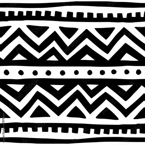 Seamless geometric pattern. Ethnic and tribal motifs. Black and white print for textiles, home decor, packaging. Vector illustration.