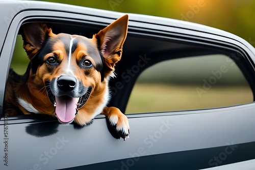 Happy Dog With Head Out Of The Car Window Having Fun. Generative AI © Pixel Matrix
