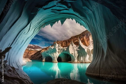 South America's Patagonia region is home to a series of sculpted caves known as the Marble Caves (Spanish Cuevas de Marmol) in General Carrera Lake on the Chilean and Argentinean border. Generative AI photo