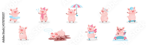 Funny Pink Pig with Snout in Different Activities Vector Set