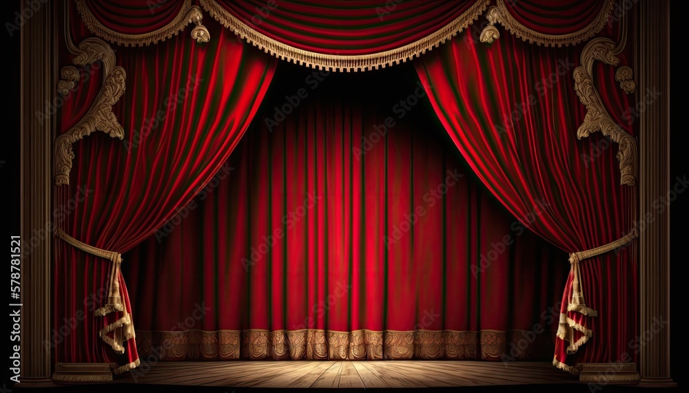A stage in theater with red velvet curtains and wooden floor. Generative AI illustration. - obrazy, fototapety, plakaty 