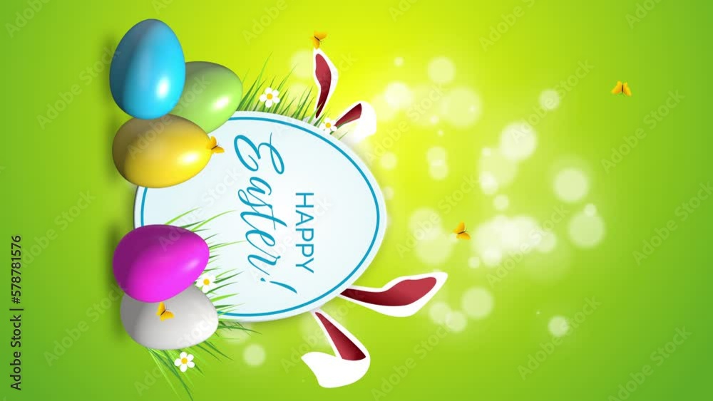 Vertical video. Easter sticker animation with rabbit ears and colored eggs on blue background with butterflies. Happy Easter. Looped. Vertical video. Easter sticker animation with rabbit ears and colored eggs on blue background with butterflies. Happy Easter. Looped.
