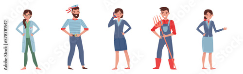 People Characters from Different Profession Standing in Uniform Vector Set