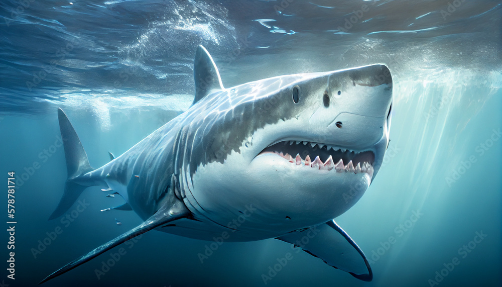 Fototapeta premium Close-up image of a great white shark, generative ai