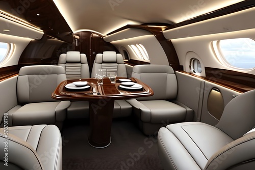 Interior Of Luxurious Private Jet With Leather Seats. Generative AI © Pixel Matrix