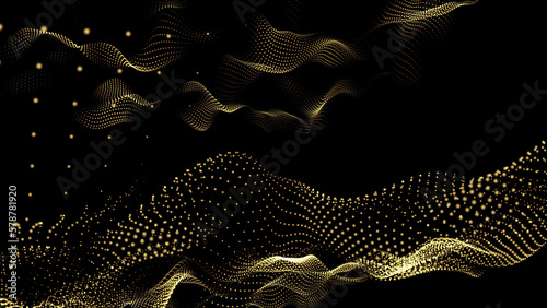 Abstract gold waving dots texture with glowing defocused particles. Cyber or technology digital landscape background.
