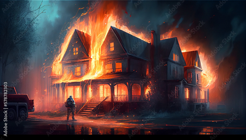 Fire house on fire, burning house at night firefighting, generative ai Fire house on fire, burning house at night firefighting, generative ai