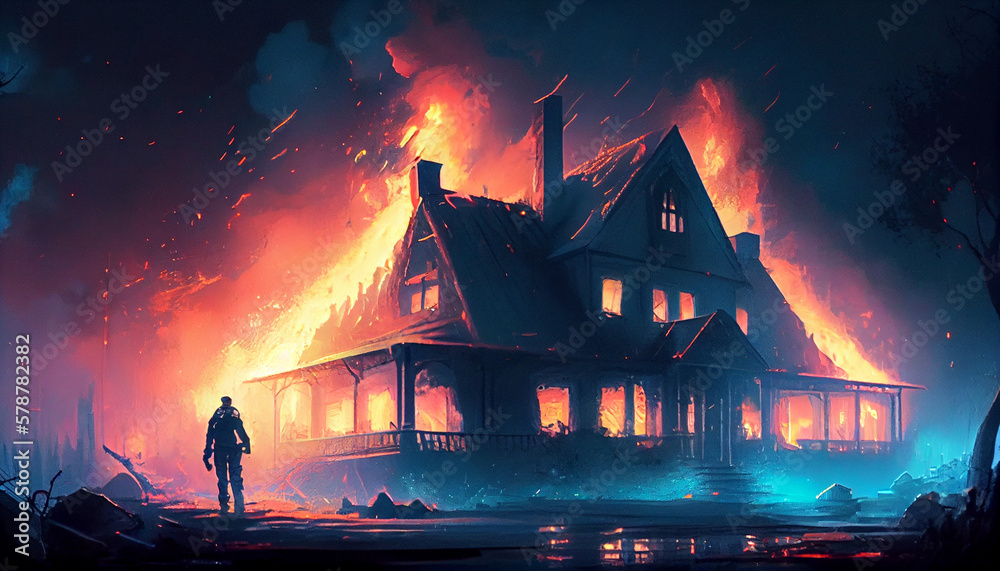 Fire house on fire, burning house at night firefighting, generative ai
