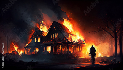 Fire house on fire  burning house at night firefighting  generative ai