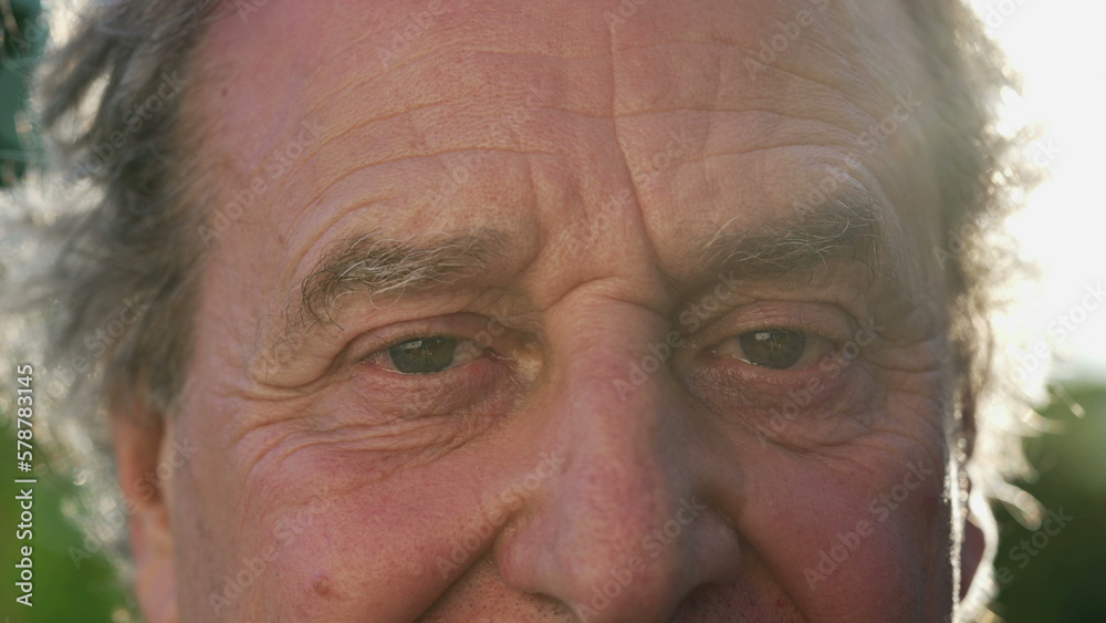 One happy senior man eyes macro close up. Portrait of a mature older male person in 70s smiling outdoors One happy senior man eyes macro close up. Portrait of a mature older male person in 70s smiling outdoors