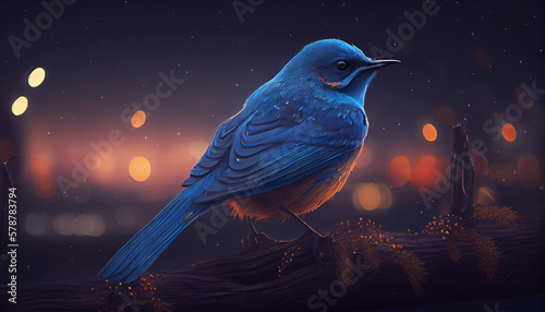 blue glowing bird in the night, generative ai