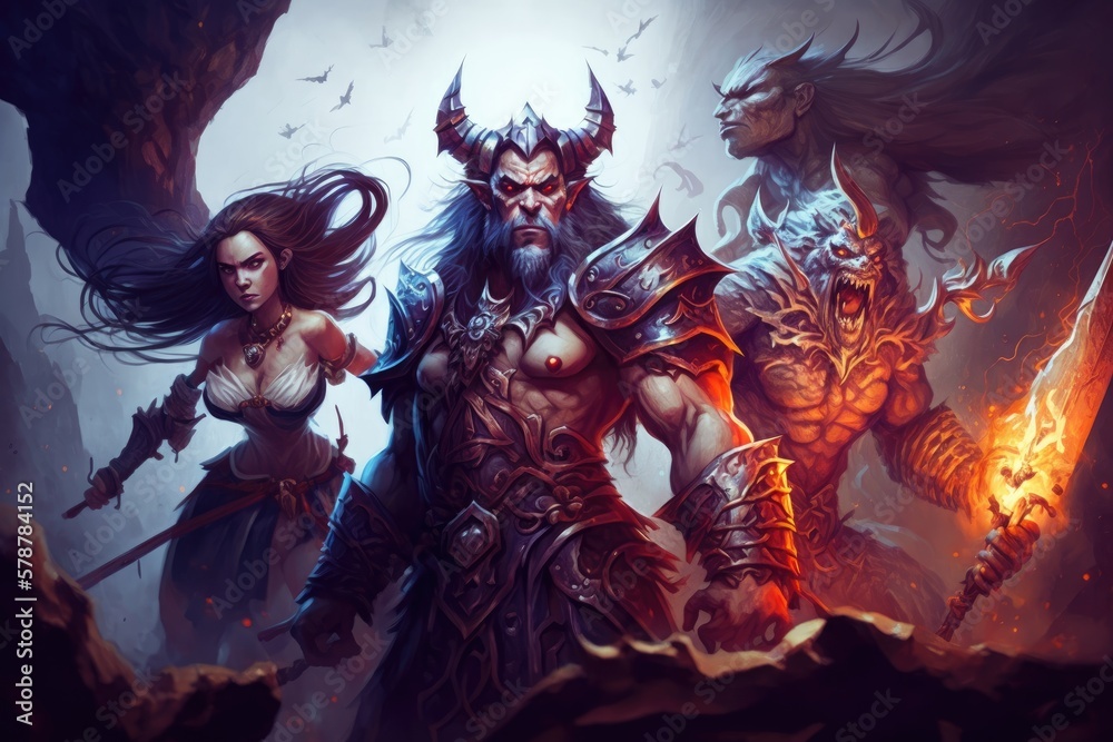 Digital art. Fantasy art, Wallpaper. A group of heroes fighting against an evil corporation with technology that can destroy the world. Generative ai Digital art. Fantasy art, Wallpaper. A group of heroes fighting against an evil corporation with technology that can destroy the world. Generative ai
